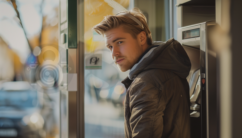Blond man utanför en bank
